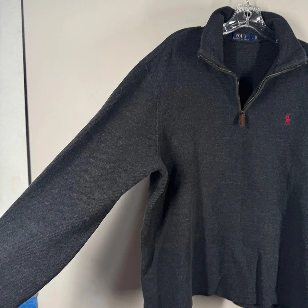 Polo Ralph Lauren Mens 1/4 Zip Pullover Charcoal Gray Black Cotton Sweater Sz L